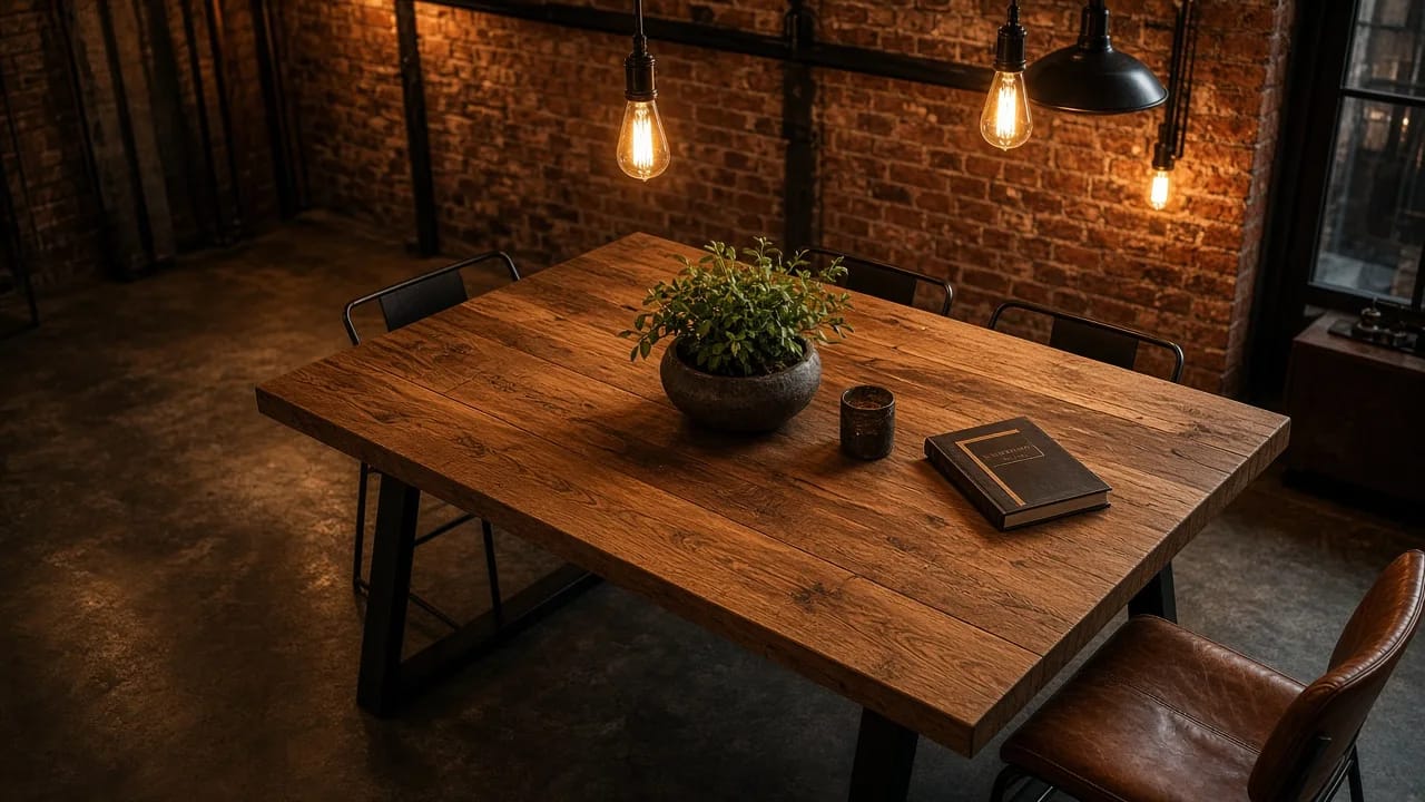 Trpezarijski sto od masivnog hrasta u toplom loft enterijeru, ilustracija za poređenje iverice i masiva — Drvometal