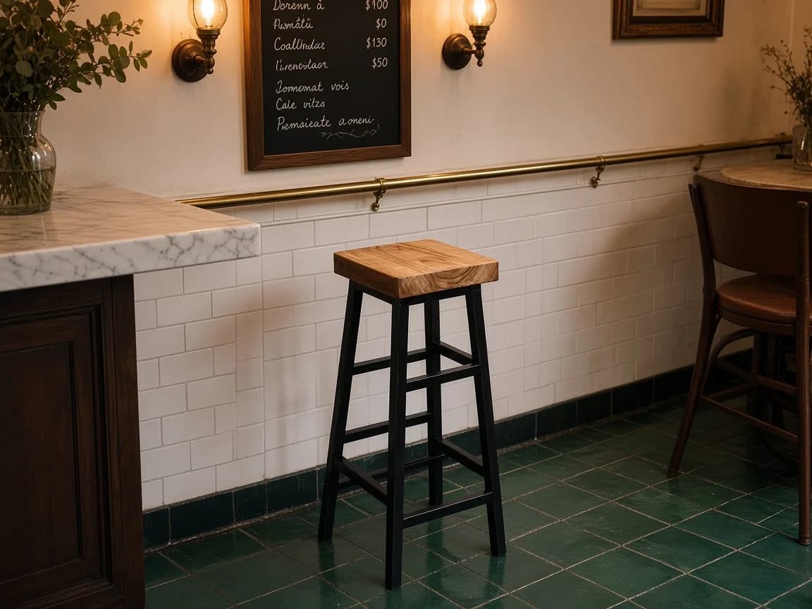 Barska stolica hrast sa dvostrukim footrestom i crnim metalom u bistro enterijeru sa zelenim pločicama — Drvometal
