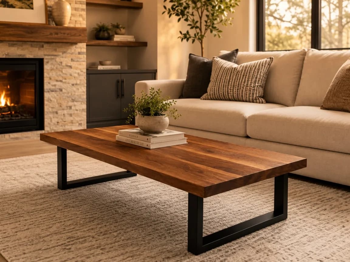 Klub sto od hrasta sa U nogama ispred kamina u dnevnoj sobi, crna metalna konstrukcija — Drvometal